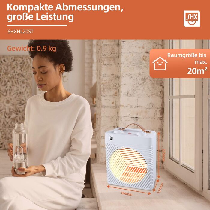 Тепловентилятор SHXHL20ST потужністю 2000 Вт з термостатом маленький та зручний портативний захист від перекидання та перегріву