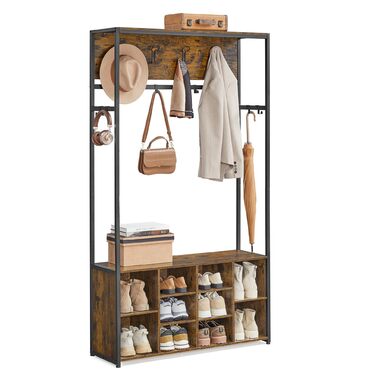 Вішалка для одягу, Шафа, Меблі для передпокою з полицею для взуття, Відкриті відділення, Гачки для одягу, Регульовані полиці, Індустріальний стиль, для передпокою, вхідної зони, Вінтажний коричневий-чорний HSR432K01 Вінтажний коричневий чорнильний