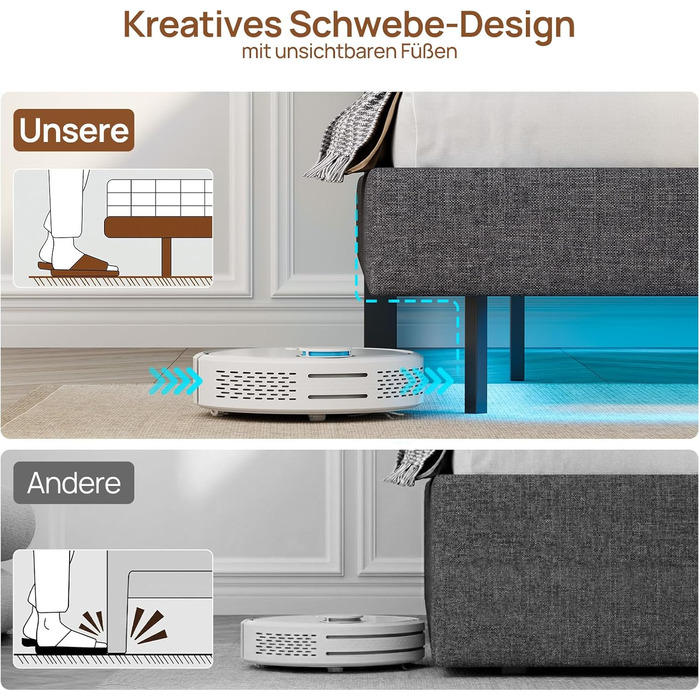 Металеве ліжко-семитуфля 90x200 см зі світлодіодним освітленням, включаючи рейковий каркас, плаваюча конструкція, стабільне та міцне, легке складання, сірого кольору без матраца сірого кольору 90 x 200 см