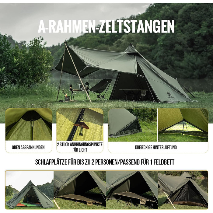 Намет OneTigris Conifer Tipi зі сніговою спідницею, водонепроникний, 1 особа, з наметовою піччю, зимовий кемпінг (бавовна Tetoron), колір Ranger Green