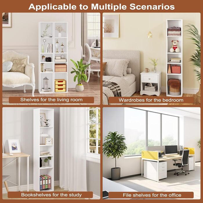 Книжкова полиця WOLTU, відкрита полиця з 5 кубиками, кубічна полиця, роздільник кімнати, полиця для документів, вузька полиця для зберігання, для вітальні, офісу, виготовлена з деревного матеріалу, біла, 30x1526 см, SK034ws 5 полиць (26Г x 30Ш x 151В см) 