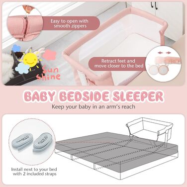 Дитяче ліжечко LIFEZEAL, мобільне дитяче ліжечко 3 в 1 з функцією гальма, регульоване по висоті дорожнє ліжечко для дітей від народження до 9 кг, дитяче ліжечко зі складною бічною панеллю та регулюванням нахилу спинки (рожеве)