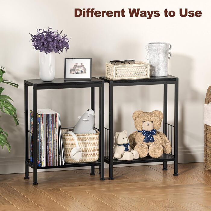 Вузький приставний столик, тонкий приставний столик з полицею для журналів, 2 полиці, вузька тумбочка біля ліжка, маленький журнальний столик для вітальні, спальні, кабінету, 20 x 43 x 58 см (Чорний)