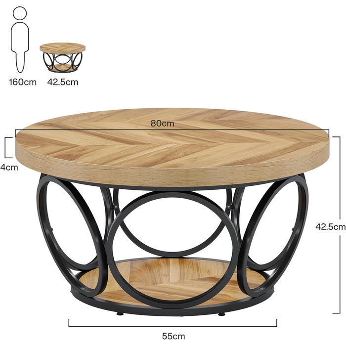 Круглий журнальний столик Tribesigns, круглий дерев&39яний стіл 80 см, великий круглий стіл для вітальні у фермерському стилі з 2-ярусним місцем для зберігання, сучасний простий коричневий чайний столик (під дерево)