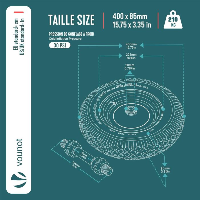 Колесо пневматичне для візка 4.80/4.00-8, Замінне колесо 400x85 мм з камерою, кульковими підшипниками, внутрішнім діаметром отвору Ø20 мм з віссю, для садових візків, тачок та візків-тележок 4.80/4.00-8