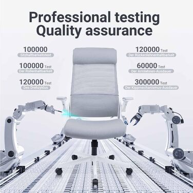 Ергономічне офісне крісло з регульованим підголівником, сітчасте робоче крісло, складні підлокітники, широке сидіння, функція гойдання, відповідає стандарту EN 1335, вантажопідйомність 200 кг, сірий колір