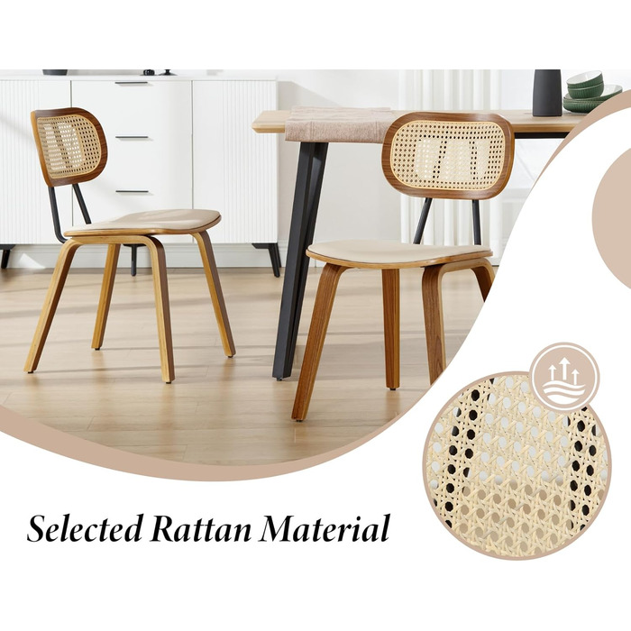 Обідні стільці з ротанга, комплект з 2 шт. , кухонний стілець з дерев&39яними ніжками, стілець з ротанга, сидіння зі штучної шкіри, м&39який стілець для їдальні, бежевий