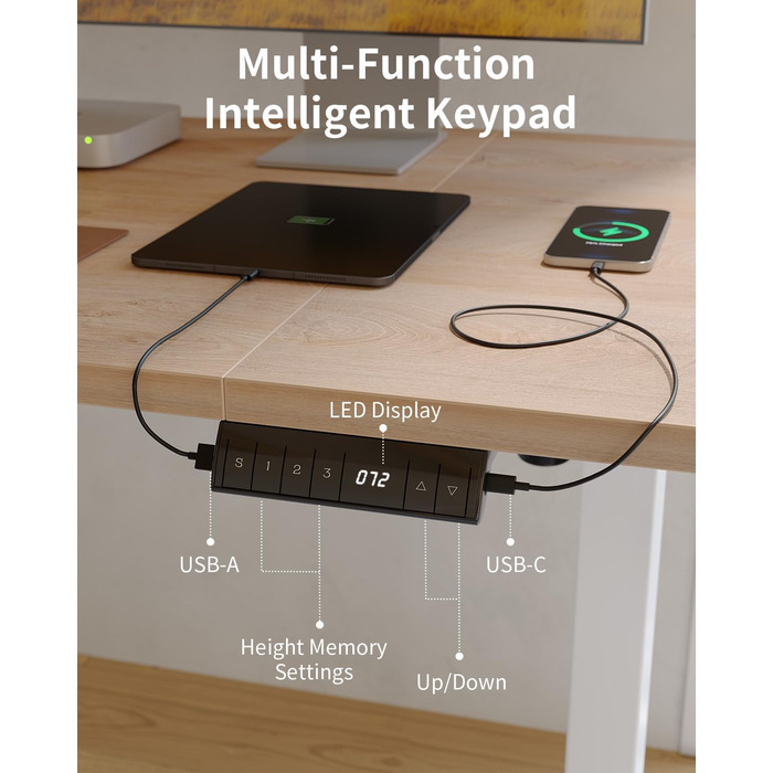 Стіл FEZIBO з регульованою висотою та портами зарядки USB-A та USB-C, 140 x 70 см, Електрично регульований стіл з висотою, Ергономічний стіл для домашнього офісу з можливістю роботи сидячи та стоячи, Стіл для роботи стоячи, Дуб, 140 x 70 см