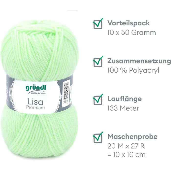 Пряжа Grndl Lisa Premium Uni Knitting & Chet Yarn (м'яка і схожа на шерсть, проста в догляді пряжа для в'язання з 100 поліакрилу, 50 г/ 133 м, розмір голки 3,5 - 4,5, 10 клубків по 50 г кожен), (світла неонова пряжа)