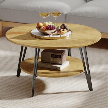 Круглий дерев&39яний журнальний столик Manora з подвійним відділенням для зберігання, круглий стіл для вітальні, дерев&39яний бічний столик з металевою основою, сучасний дизайн круглого дивана-столика для вітальні (дуб, C25298) Меблі для вітальні з дуба