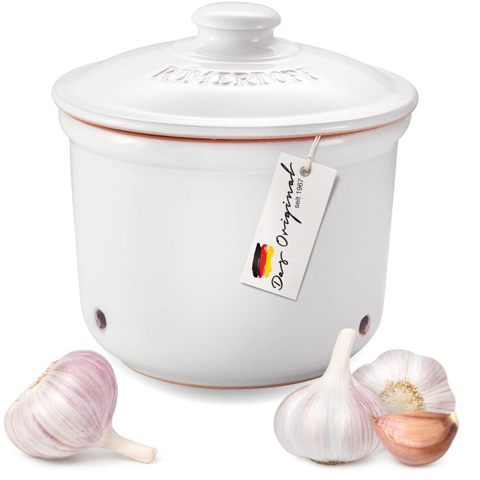 Літра - Керамічний горщик для часнику - Дихаюча глина довше зберігає овочі свіжими - Ідеальна циркуляція повітря - Білий, 0,6