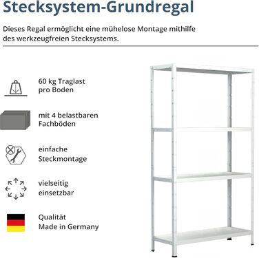 Стелаж SCHULTE з 4 полицями PowerMAX, вантажопідйомність 60 кг, 180x60x40 см (ВxШxГ), білий, полиця для зберігання, полиця для майстерні, полиця для підвалу, полиця для гаража, металева полиця, білий 180x60x40 см