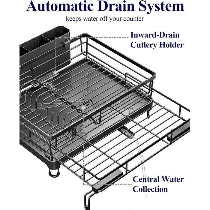 Висувна сушарка для посуду Kitsure сушарка для посуду з нержавіючої сталі з регульованими ніжками, тримачем для столових приборів та знімним підносом, 39,5-64,0 см x 43,0 см x 20,5 см, чорна