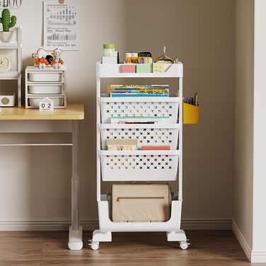 Мобільна книжкова полиця на колесах, органайзер для журналів/книг, візок для зберігання книг, 5-ярусна книжкова полиця на колесах для спальні, офісу та школи (біла)