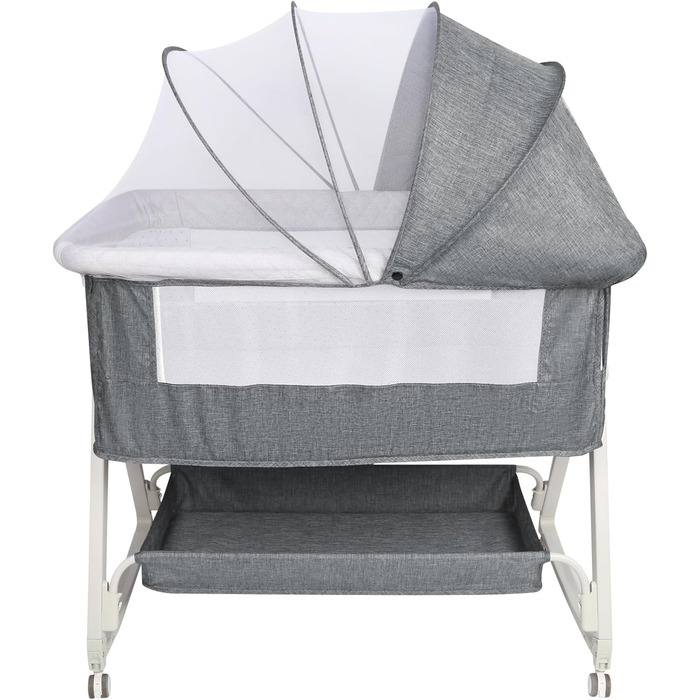 Ліжечко 3-в-1, дорожнє ліжечко для немовлят з матрацом, 6-позиційне регульоване по висоті дитяче ліжечко з верхньою платформою, портативна колиска з колесами для дітей до 36 місяців - 92 x 52 x 106-118 см - Білосніжний сірий