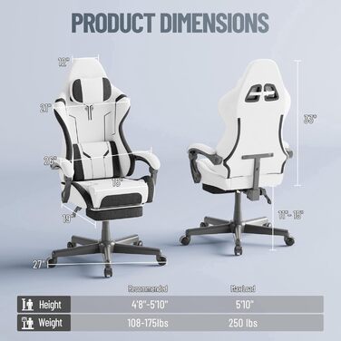Геймерське крісло з поперековою опорою, ергономічне офісне крісло, регульована спинка, потовщена подушка, міцне ігрове крісло, висувна підставка для ніг, комп&39ютерне крісло з підлокітниками, поворот на 360, біле, 68 см x 68 см x 117 см, сірий