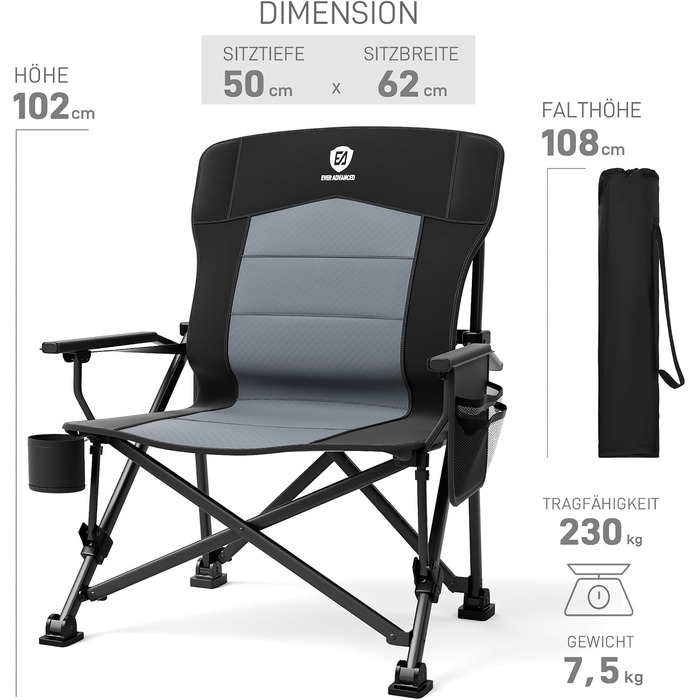 Складане кемпінгове крісло EVER ADVANCED, вантажопідйомність 230 кг, розкладне крісло XL, ширина сидіння 62 см з бічною кишенею та тримачем для напоїв, велике розкладне крісло, рибальське крісло для кемпінгу, використання на вулиці, балкон, сад, чорний ко