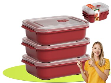 Набір контейнерів для зберігання продуктів Uandu з кришками, 3 шт., підходять для мікрохвильової печі, герметичні контейнери для сипучих продуктів, контейнери для приготування їжі, пластикові контейнери без BPA, червоні, 3 x 1300 мл