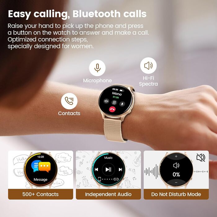 Жіночий круглий смарт-годинник із функцією телефону, фітнес-трекер із сенсорним екраном 1,39 дюйма, пульсометром, монітором SpO2, монітором сну, монітором менструального циклу, понад 120 спортивних режимів, крокоміром для iOS та Android (рожево-золотистий