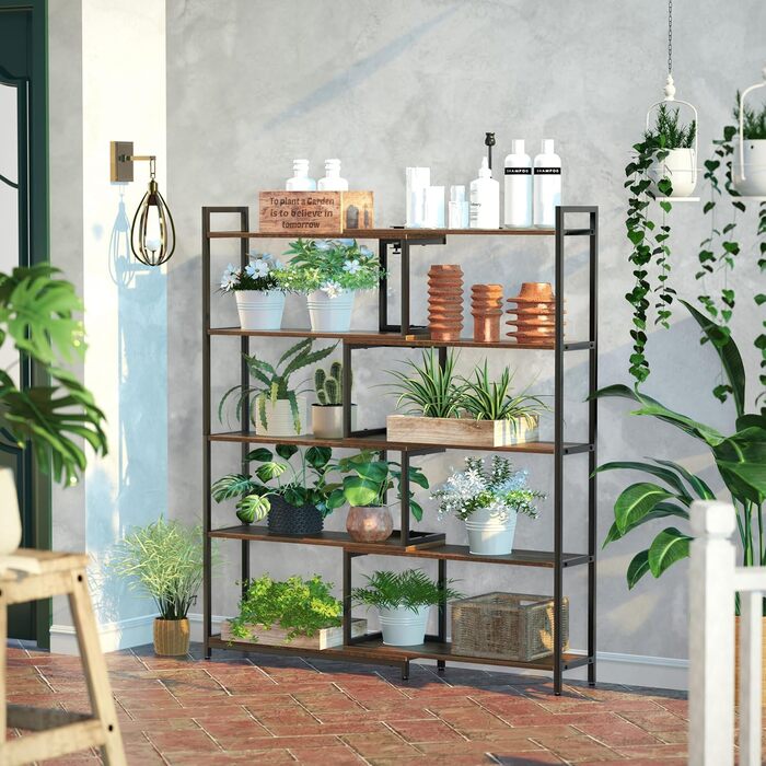 Книжкова полиця Mondeer, окремостояча полиця з 5 полицями, регульована ширина від 80 до 146 см, для вітальні, кабінету, офісу, вінтажно-коричневий колір