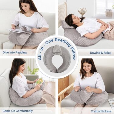 Подушка для читання INFANZIA для ігор, подушка для підтримки підлокітників, U-подібна подушка для колін з бічною кишенею для ліжка та дивана, компактна ігрова подушка з підтримкою планшета для читання, в&39язання гачком, робочий сірий колір
