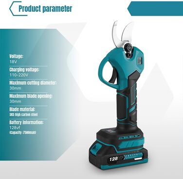 Акумуляторні садові ножиці для акумуляторів Makita 18V, електричні садові ножиці 30 мм, електричні садові ножиці з 2 акумуляторами ємністю 7500 мАг, садові ножиці з дисплеєм, бездротові садові ножиці для садівництва та обрізки дерев