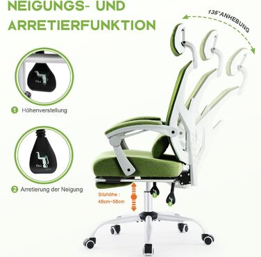 Ергономічне офісне крісло DUMOS - стілець зі зручними підлокітниками, оснащений зручною поперековою опорою та підставкою для ніг, підходить для дому та офісу (зелений)