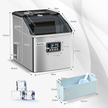 Машина для виробництва кубиків льоду COSTWAY 2.4 л, льодогенератор 18 кг за 24 години, льодогенератор 24 кубики льоду за 15 хвилин, льодогенератор з лопатою/таймером/функцією самоочищення
