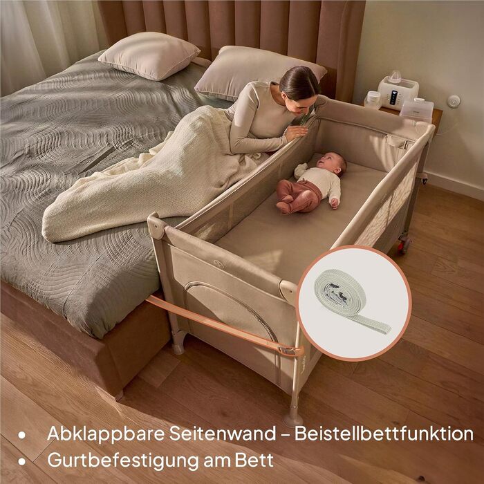 Дорожнє ліжечко Lionelo Ellen 3-в-1 для дітей від 0 до 3 років, приліжкове ліжечко для новонароджених та дітей старшого віку до 15 кг, 2 рівні висоти матраца, ремені кріплення, бічна блискавка, 2 колеса, сумка, чорний колір