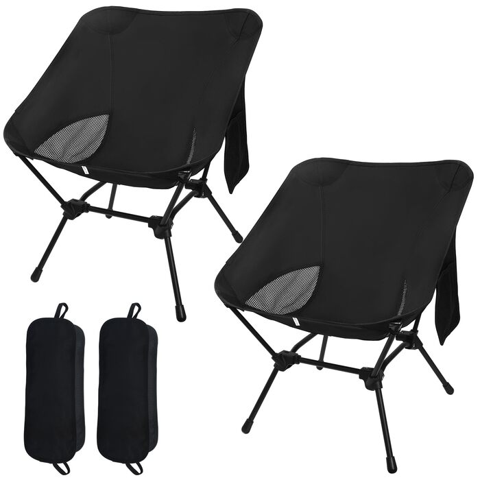 Складаний кемпінговий стілець, надлегкий маленький складний стілець, регульована висота, з боковими кишенями, компактний кемпінговий стілець для пікніків, риболовлі, садівництва, пішого туризму, спорту, активного відпочинку, походів, чорний - 2 шт.