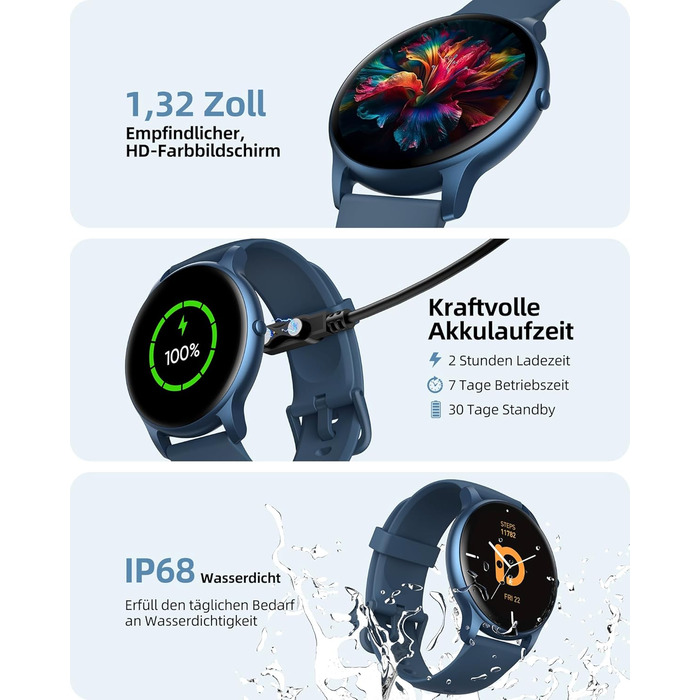 Чоловічий круглий смарт-годинник Parsonver з функцією телефону, фітнес-годинник для чоловіків та жінок зі 100 спортивними режимами, серцевим ритмом, монітором сну, крокоміром, водонепроникним IP68, смарт-годинник, жіночий годинник, синій, SPROD1