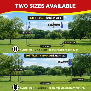 Портативна волейбольна сітка BAGAIL (3,6 м), Регульована висота, Міцна окремостояча рама, Для приміщень та вулиці, Синя