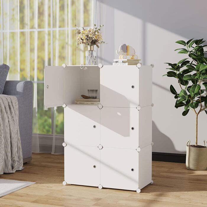 Кубоподібний модуль для зберігання з дверцятами, 6 кубічних полиць, гардеробна шафа, модульна пластикова полиця, ідеально підходить для спальні, 93,5 см Д x 31,8 см Ш x 93,5 см В, молочно-білий, USHS3006M-DOOR