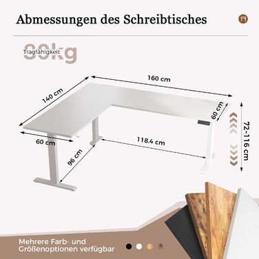 Г-подібний електричний стіл Klicelor, регульована висота, 160 x 140 см, Г-подібний стіл для роботи стоячи з 3 функціями пам&39яті та технологією запобігання зіткненням, ергономічний комп&39ютерний стіл, білий 160 x 140 см білий