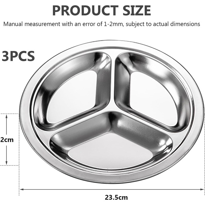 Набір з 3 тарілок з нержавіючої сталі, 24 см, розділені обідні тарілки з 3 секціями, для дітей, дорослих, кемпінгу та контролю порцій