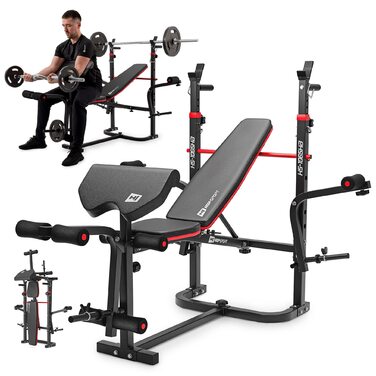 Силова лава Hop-Sport, багатофункціональна складна тренувальна лава зі стійкою для штанги, накладкою для гри в стилі &quotметелик&quot та згинання рук, для силових тренувань вдома, максимальне навантаження 250 кг