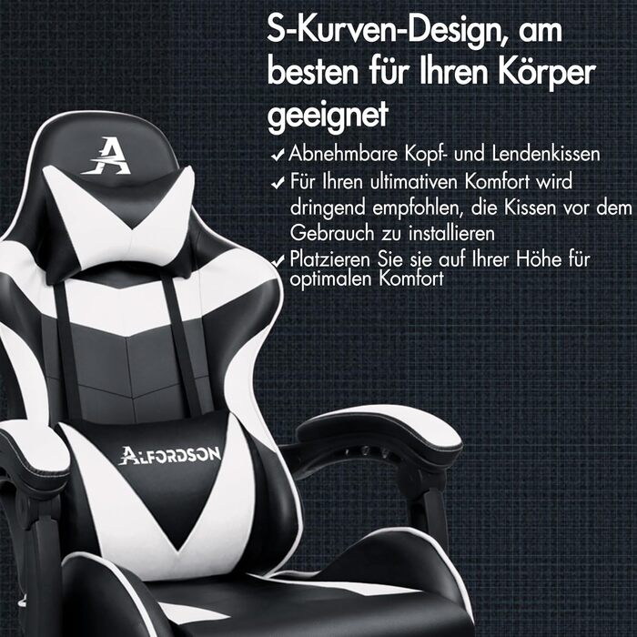 Ігрове масажне крісло ALFORDSON, нахил 150, ергономічне крісло для керівника, шкіра синтетична з підставкою для ніг, регулювання висоти, спортивне крісло, вантажопідйомність 180 кг, білий Vogler - серія White Vogler