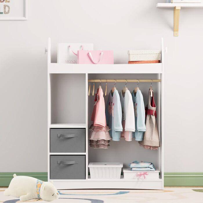 Дитяча шафа, дитяча вішалка для одягу з коробками, вішалка для одягу, дзеркало та полиці, дерев&39яна дитяча шафа, дитяча полиця 81 x 28 x 106,5 см (ракета з 2 шухлядами, біла) Біла ракета з 2 шухлядами