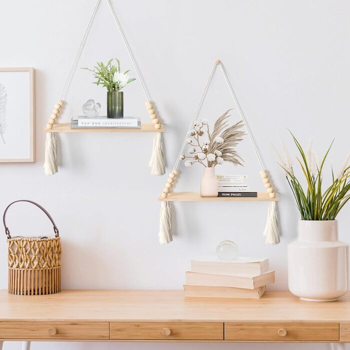 Набір з 2 макраме настінна полиця дерев'яна підвісна полиця настінна полиця бохо прикраса стін бавовняна мотузка з дерев'яними кит