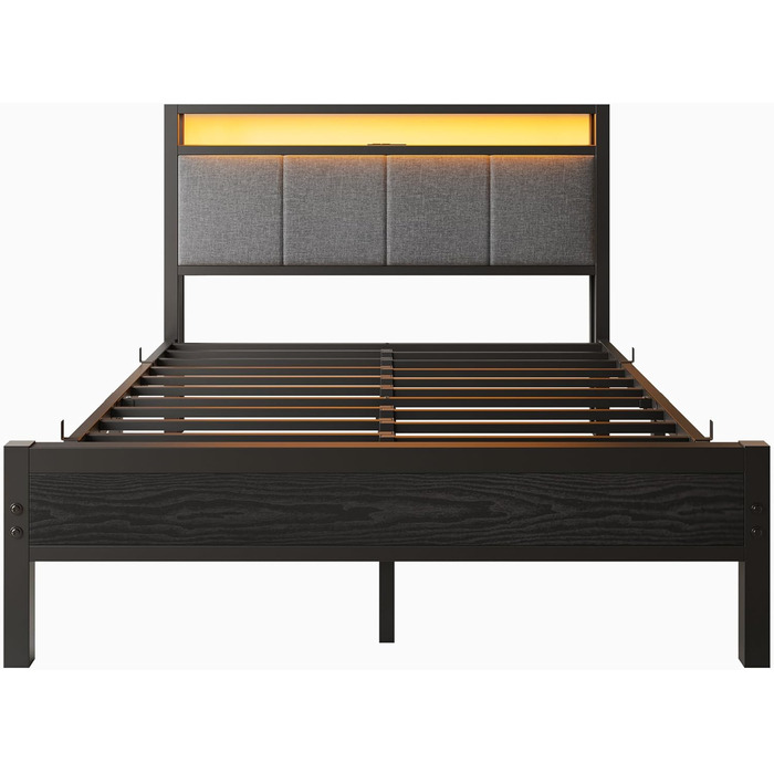 Ліжко 120x200 см, каркас ліжка із зарядною станцією, міцне металеве ліжко з дерев&39яним узголів&39ям для зберігання та тканиною, гостьове ліжко, двоспальне/односпальне ліжко, каркас ліжка для гостьової кімнати, металеве з рейковою основою, чорне, 120 x 2