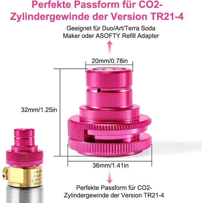 Швидкий адаптер ASOFTY CO2 сумісний з SodaStream Duo, Crystal 3.0, Gaia, Art, Terra, E-Duo, E-Terra Установка без пошкодження содогенератора, для 425 г циліндра Co2 60L трапецієподібна різьба TR21-4