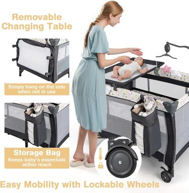 Складане дитяче ліжечко-манеж LIFEZEAL, тканина Оксфорд та ПП, багатофункціональне дитяче ліжечко з пеленальний столик для малюків 0-36 місяців, вантажопідйомність 15 кг (сірийбілий)