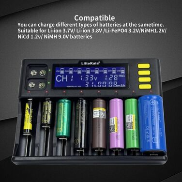 Зарядний пристрій для акумуляторів 18650, LiitoKala LII-S8 8-секційний зарядний пристрій 9V з РК-дисплеєм, зарядний пристрій для Li-Ion LiFePO4 NI-MH NI-Cd AA AAA C 21700 26650 13650 16340 18700 RCR123