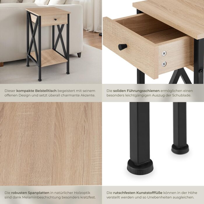 Промислові меблі tectake, Журнальний столик з шухлядою, Журнальний столик з полицями, Вузька тумбочка, Декор для спальні, 35 x 35 x 70,5 см, Меблі для вітальні - Світла промислова деревина, Дуб Сонома Дейтон