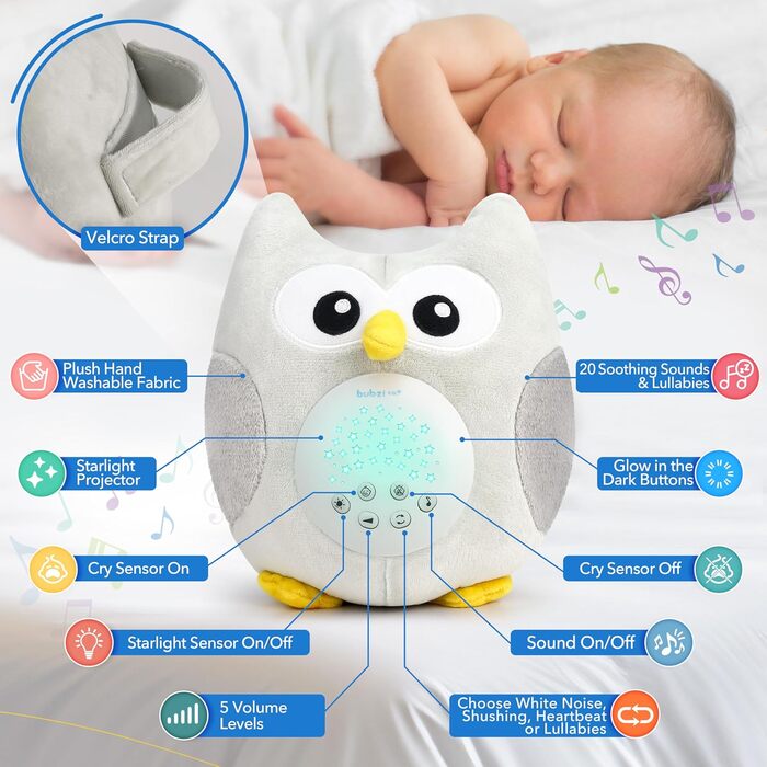 Подушка Bubzi Co Сова нічник музична скринька, білий колір