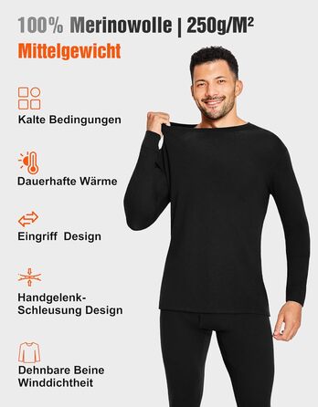 Чоловічий комплект білизни зі 100 мериносової вовни, м&39яка зимова термобілизна, тепла лижна білизна з мериносової вовни, сорочка з довгими рукавами та штани (розміри M-XXL) XL 250 г/м Чорний