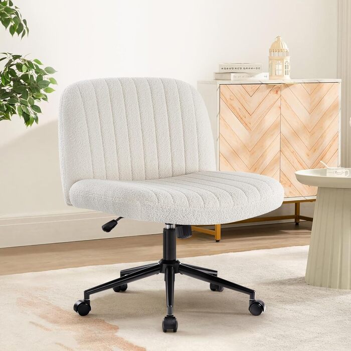 Офісне крісло IWMH без підлокітників, регульоване по висоті поворотне крісло з колесами, письмове крісло з оббивкою з тканини Teddy, крісло для читання з ширшою подушкою для сидіння зі схрещеними ногами (біле з колесами) Teddy White з колесами