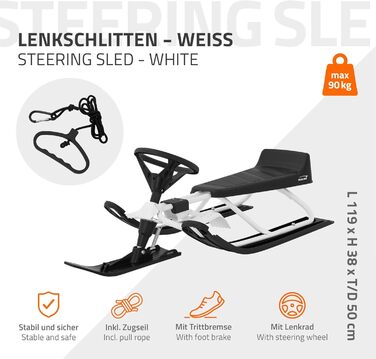 Німеччина Санки з кермом, дитячі санки від 5 років, скібоб для дітей та дорослих до 90 кг, санки з кермом, ножні гальма, тяговий т