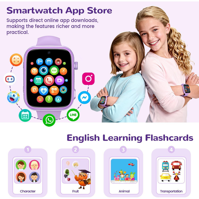 Дитячий смарт-годинник з функцією відеодзвінків та телефону, дитячий годинник з GPS, голосовим чатом, WhatsApp, WiFi, SOS, SMS, шкільним режимом, крокоміром, водонепроникний IP68, будильник, дитячий смарт-годинник для дівчаток/хлопчиків, фіолетовий/фіолет