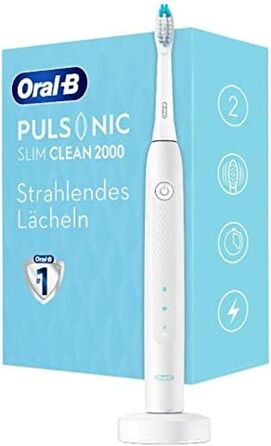 Електрична звукова зубна щітка Oral-B Pulsonic Slim Clean 2000, 2 режими чищення для догляду за зубами та здорових ясен із таймером, подарунок для чоловіків/жінок, дизайн Braun, білий